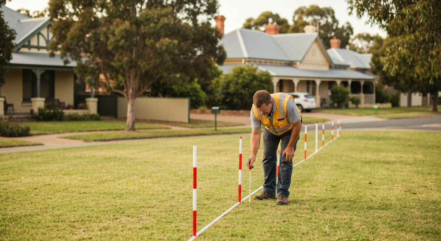 Surveyor marking boundary pegs in Adelaide suburb